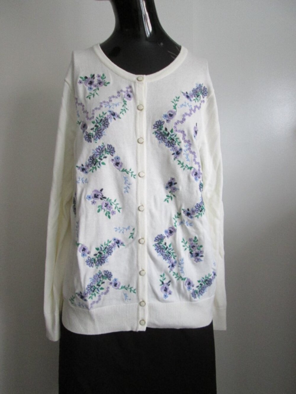 Charter Club white cotton rayon floral embroidery front cardigan